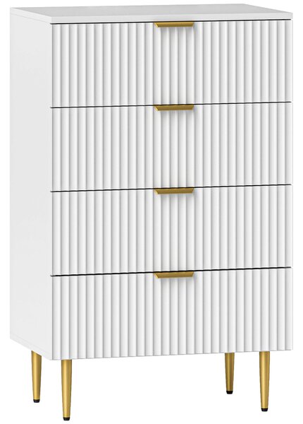 HOMCOM Komoda se 4 Zásuvkami, Moderní Úložný Nábytek s Úchyty a Zlatými Nohami, pro Ložnici, Obývací Pokoj, Rozměry 60 x 40 x 96 cm, Bílá | Aosom
