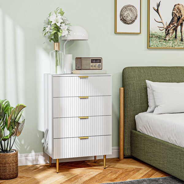 HOMCOM Komoda se 4 Zásuvkami, Moderní Úložný Nábytek s Úchyty a Zlatými Nohami, pro Ložnici, Obývací Pokoj, Rozměry 60 x 40 x 96 cm, Bílá | Aosom