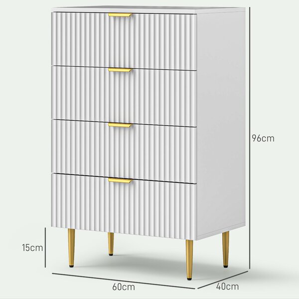 HOMCOM Komoda se 4 Zásuvkami, Moderní Úložný Nábytek s Úchyty a Zlatými Nohami, pro Ložnici, Obývací Pokoj, Rozměry 60 x 40 x 96 cm, Bílá | Aosom