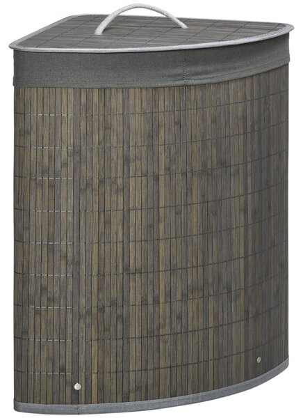 HOMCOM Bamboo Koš na Prádlo s Víkem 55L, Sběrač Prádla s Rukojeťmi, Odnímatelný Prádlo Vak, Rohový Koš na Prádlo pro Koupelnu, Ložnici, Šedý | Aosom