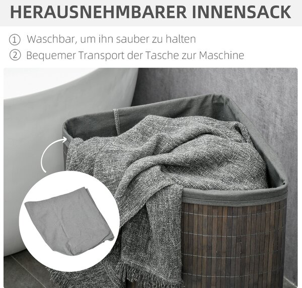 HOMCOM Bamboo Koš na Prádlo s Víkem 55L, Sběrač Prádla s Rukojeťmi, Odnímatelný Prádlo Vak, Rohový Koš na Prádlo pro Koupelnu, Ložnici, Šedý | Aosom
