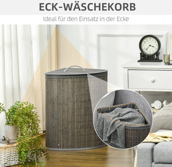 HOMCOM Bamboo Koš na Prádlo s Víkem 55L, Sběrač Prádla s Rukojeťmi, Odnímatelný Prádlo Vak, Rohový Koš na Prádlo pro Koupelnu, Ložnici, Šedý | Aosom