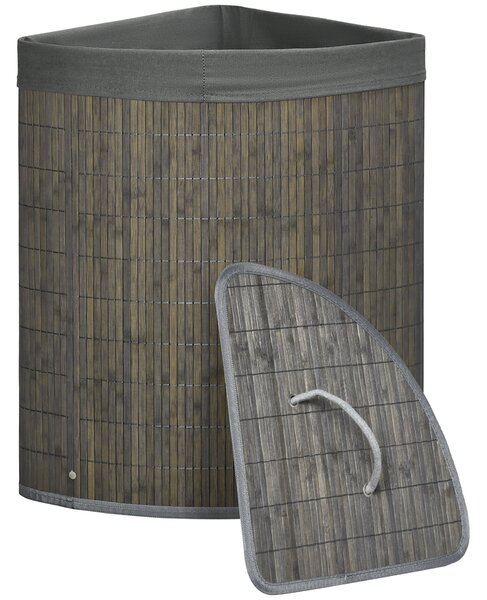 HOMCOM Bamboo Koš na Prádlo s Víkem 55L, Sběrač Prádla s Rukojeťmi, Odnímatelný Prádlo Vak, Rohový Koš na Prádlo pro Koupelnu, Ložnici, Šedý | Aosom