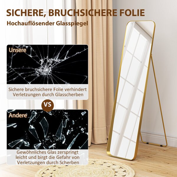 HOMCOM Zrcadlo na celé tělo 160 x 40 cm Slimming stojací zrcadlo s kovovým rámem a nerozbitným sklem, zrcadlo do obývacího pokoje, ložnice, chodby, Zl