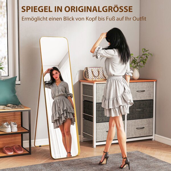 HOMCOM Zrcadlo na celé tělo 160 x 40 cm Slimming stojací zrcadlo s kovovým rámem a nerozbitným sklem, zrcadlo do obývacího pokoje, ložnice, chodby, Zl