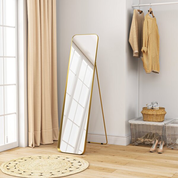 HOMCOM Zrcadlo na celé tělo 160 x 40 cm Slimming stojací zrcadlo s kovovým rámem a nerozbitným sklem, zrcadlo do obývacího pokoje, ložnice, chodby, Zl