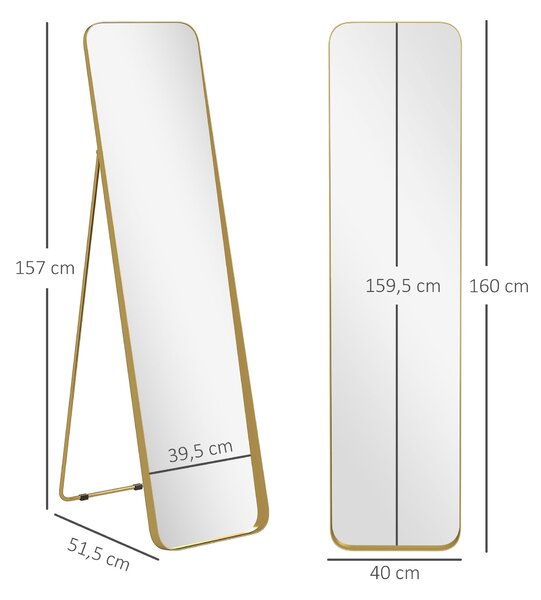 HOMCOM Zrcadlo na celé tělo 160 x 40 cm Slimming stojací zrcadlo s kovovým rámem a nerozbitným sklem, zrcadlo do obývacího pokoje, ložnice, chodby, Zl