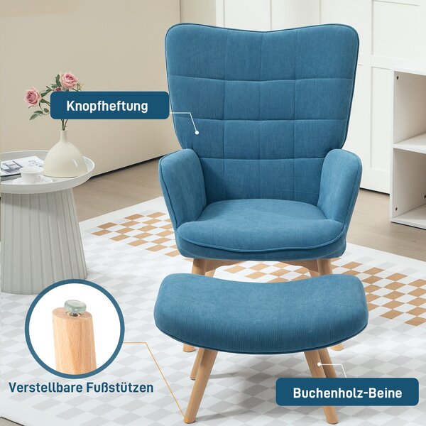 HOMCOM Křeslo s Ottomanem, Křeslo s vysokým opěradlem, Dřevěné nohy, Lounge křeslo s prošívaným designem, Vzhled v sametu, do obývacího pokoje, Modré