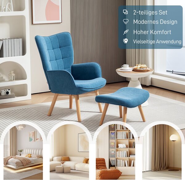 HOMCOM Křeslo s Ottomanem, Křeslo s vysokým opěradlem, Dřevěné nohy, Lounge křeslo s prošívaným designem, Vzhled v sametu, do obývacího pokoje, Modré