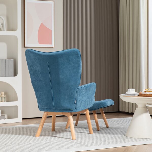 HOMCOM Křeslo s Ottomanem, Křeslo s vysokým opěradlem, Dřevěné nohy, Lounge křeslo s prošívaným designem, Vzhled v sametu, do obývacího pokoje, Modré