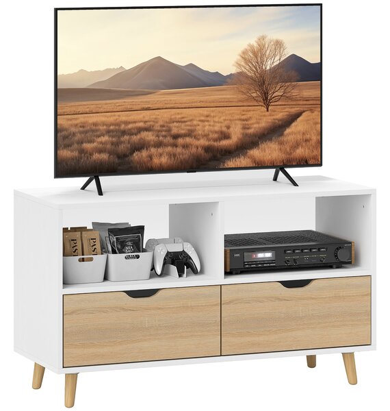 HOMCOM TV skříňka s 2 policemi a zásuvkou, 99 cm dlouhý TV stolek pro televizi, TV jednotka do obývacího pokoje, Bílá, 99 x 39 x 58,3 cm | Aosom