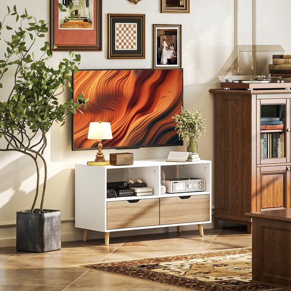 HOMCOM TV skříňka s 2 policemi a zásuvkou, 99 cm dlouhý TV stolek pro televizi, TV jednotka do obývacího pokoje, Bílá, 99 x 39 x 58,3 cm | Aosom