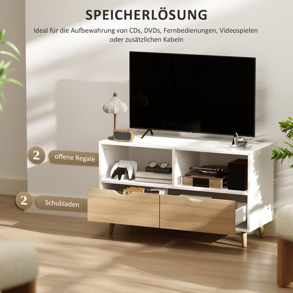 HOMCOM TV skříňka s 2 policemi a zásuvkou, 99 cm dlouhý TV stolek pro televizi, TV jednotka do obývacího pokoje, Bílá, 99 x 39 x 58,3 cm | Aosom