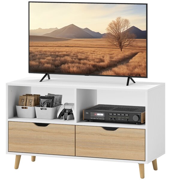 HOMCOM TV skříňka s 2 policemi a zásuvkou, 99 cm dlouhý TV stolek pro televizi, TV jednotka do obývacího pokoje, Bílá, 99 x 39 x 58,3 cm | Aosom
