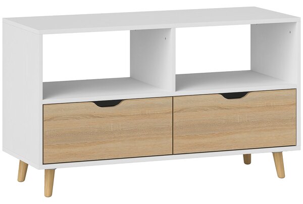 HOMCOM TV skříňka s 2 policemi a zásuvkou, 99 cm dlouhý TV stolek pro televizi, TV jednotka do obývacího pokoje, Bílá, 99 x 39 x 58,3 cm | Aosom