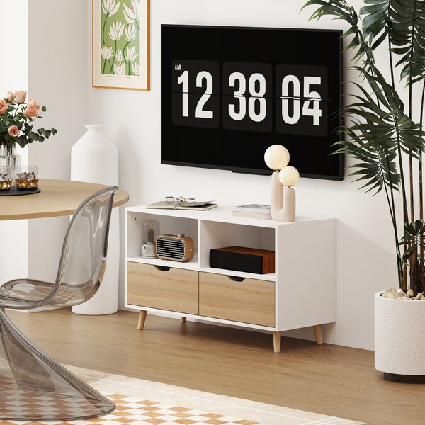 HOMCOM TV skříňka s 2 policemi a zásuvkou, 99 cm dlouhý TV stolek pro televizi, TV jednotka do obývacího pokoje, Bílá, 99 x 39 x 58,3 cm | Aosom