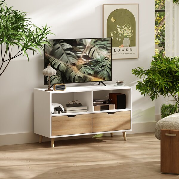HOMCOM TV skříňka s 2 policemi a zásuvkou, 99 cm dlouhý TV stolek pro televizi, TV jednotka do obývacího pokoje, Bílá, 99 x 39 x 58,3 cm | Aosom