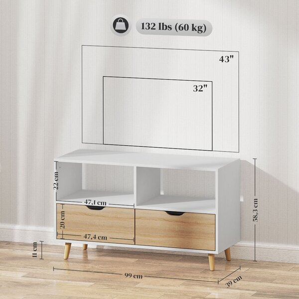 HOMCOM TV skříňka s 2 policemi a zásuvkou, 99 cm dlouhý TV stolek pro televizi, TV jednotka do obývacího pokoje, Bílá, 99 x 39 x 58,3 cm | Aosom