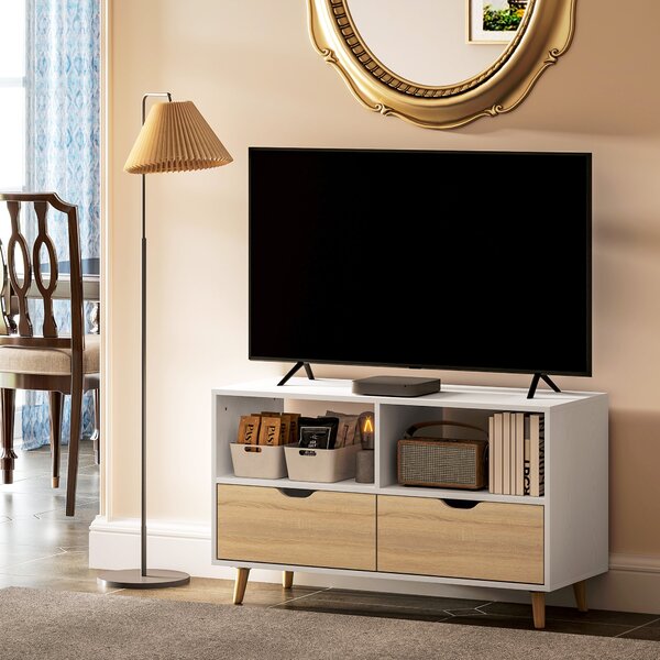 HOMCOM TV skříňka s 2 policemi a zásuvkou, 99 cm dlouhý TV stolek pro televizi, TV jednotka do obývacího pokoje, Bílá, 99 x 39 x 58,3 cm | Aosom