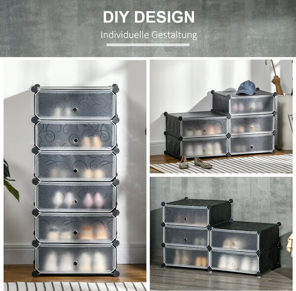 HOMCOM Plastový regál na obuv pro 6 párů bot, botník do předsíně, DIY modulární regál pro uložení bot, černý 49 x 36,5 x 108 cm | Aosom