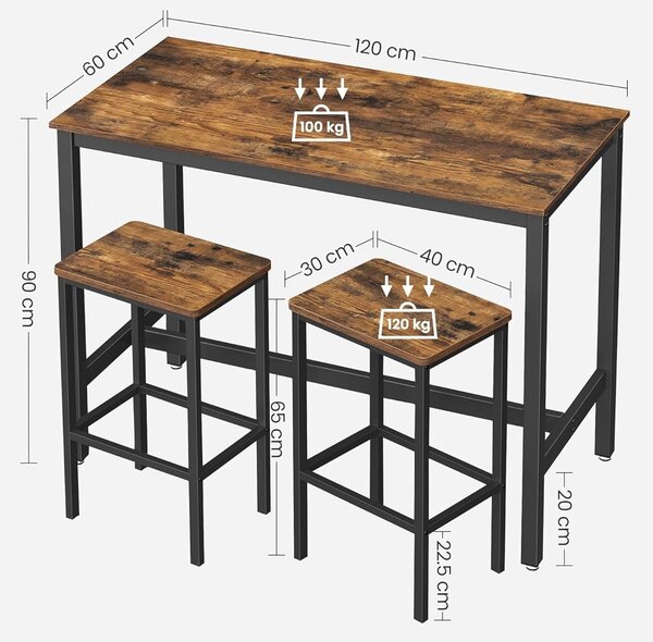 Barový stůl se 2 barovými židlemi, kuchyňský barový pult set 120 x 60 x 90 cm