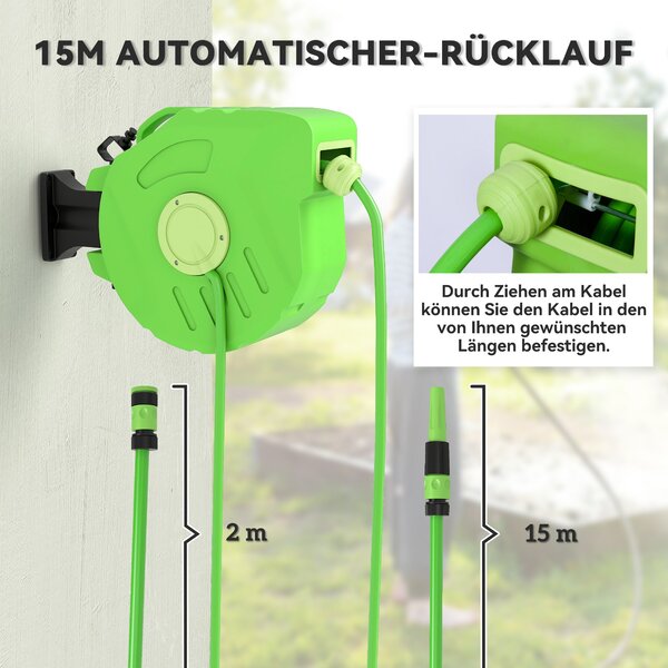 Outsunny Automatický Navíječ Hadice 15+1,5m – Zelená, 180° Otočný Hadicový Navíječ do Zahrady | Aosom