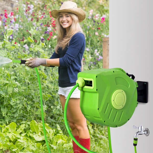 Outsunny Automatický Navíječ Hadice 15+1,5m – Zelená, 180° Otočný Hadicový Navíječ do Zahrady | Aosom