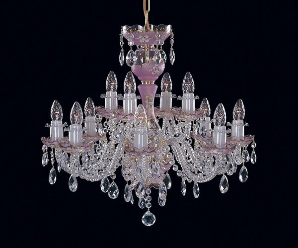 12-ramenný křišťálový lustr v pastelově růžové barvě zdobený smaltem (BLUE/ PINK CRYSTAL FOND) L504-12-37-PINK-CF