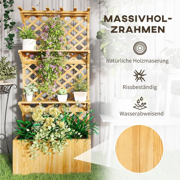 Vyvýšený zahradní záhon s treláží Outsunny, květinový truhlík z borového dřeva, rostlinný záhon s treláží, studený rám se policemi, truhlík pro terasu