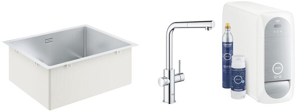 Set startovací sada s kuchyňskou baterií Grohe Blue 31539000, ocelový dřez Grohe K700 31726SD0