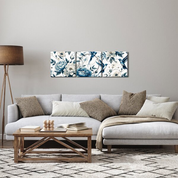 Obraz - Kolibříci s květy (s hodinami) (90x30 cm)