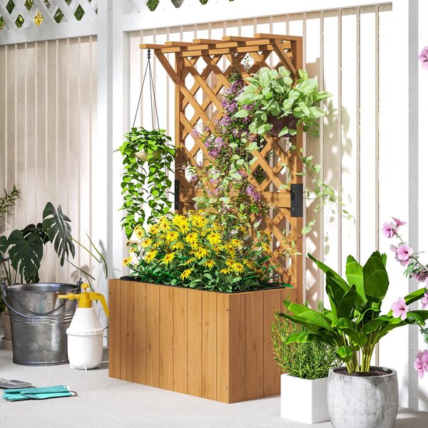 Vyvýšený záhon s treláží Outsunny, dřevěný květináč s treláží, 64 x 33 x 122 cm pro zahradu, balkon a terasu, květináč pro popínavé rostliny a košíkov