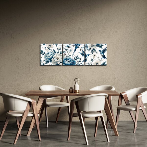 Obraz - Kolibříci s květy (s hodinami) (90x30 cm)