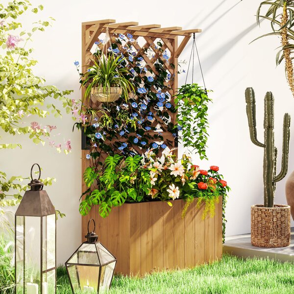 Vyvýšený záhon s treláží Outsunny, dřevěný květináč s treláží, 64 x 33 x 122 cm pro zahradu, balkon a terasu, květináč pro popínavé rostliny a košíkov
