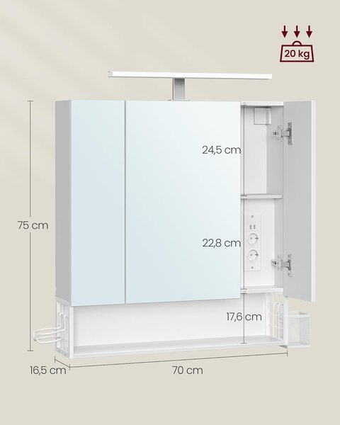 Koupelnová skříňka s LED osvětlením, s elektrickými zásuvkami, 16,5 × 70 × 75 cm, v barvě oblačné bílé