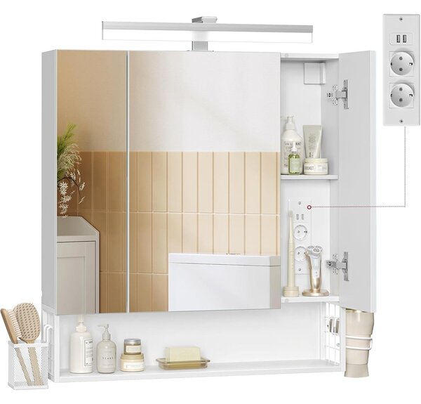 Koupelnová skříňka s LED osvětlením, s elektrickými zásuvkami, 16,5 × 70 × 75 cm, v barvě oblačné bílé