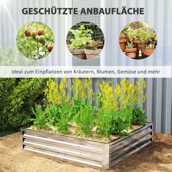 Zvýšený zahradní záhon Outsunny, květinový box, zeleninový záhon, herbář pro zahradu, terasu, balkon, ocel, stříbrný, 120 x 120 x 30 cm | Aosom