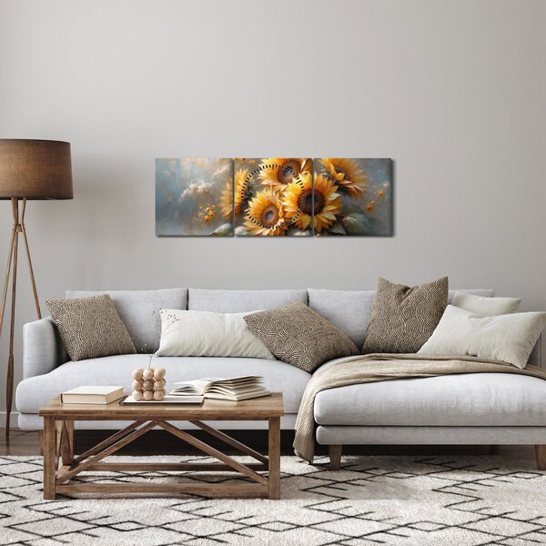 Obraz - Malba slunečnic (s hodinami) (90x30 cm)