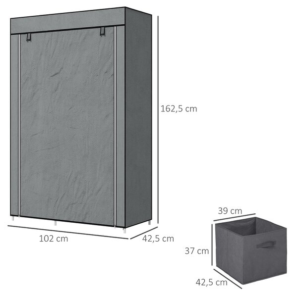 HOMCOM Textilní Skříň s Šuplíky, Ramínkem na Oblečení a Zips, Skládací Textilní Skříň pro Ložnici a Šatnu, 102 x 42,5 x 162,5 cm, Tmavě šedá | Aosom