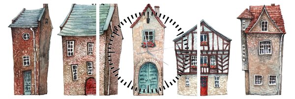 Obraz - Akvarelové domečky (s hodinami) (90x30 cm)