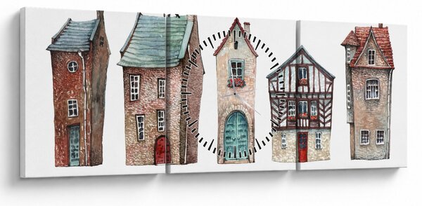 Obraz - Akvarelové domečky (s hodinami) (90x30 cm)