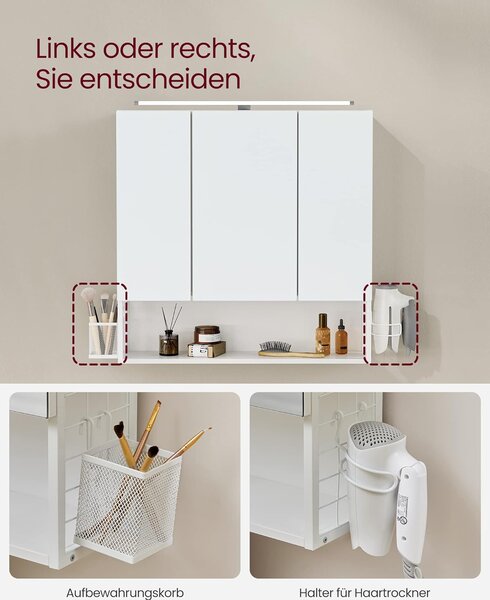 Nástěnná skříňka, zrcadlová skříňka s osvětlením 14,5x70x70 cm, bílá