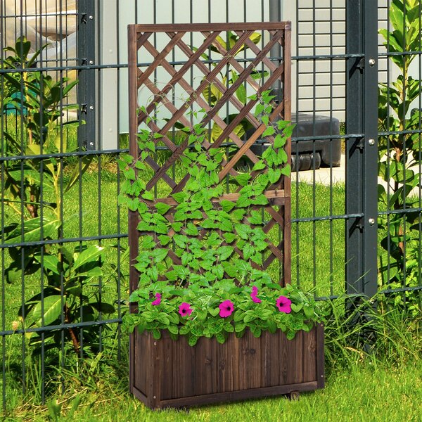 Vyvýšený zahradní záhonová skříňka Outsunny s treláží, dřevěná květinová skříňka, 72,5x31,5x149,5 cm pro zahradu, balkon, terasu, květináč pro popínav