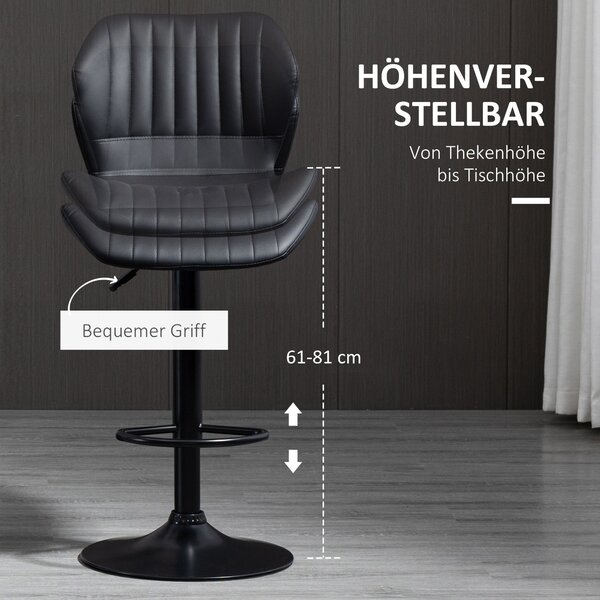 HOMCOM Sada 2 Barových Židlí 360° Otočné Barové Židle s Nastavitelnou Výškou, Bistro Židle s Opěrkou pro Barový Pult, Kuchyň a Jídelnu, Moderní Design