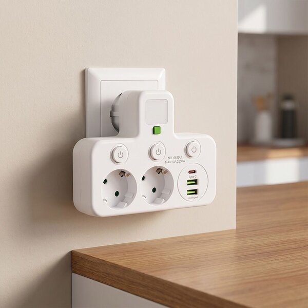 Toolight Toolight, JNH017, zásuvkový rozbočovač 2 zásuvky + 2× USB-A + USB-C s LED světlem, bílá, OSW-56309