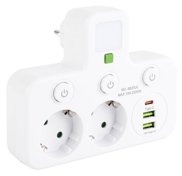 Toolight Toolight, JNH017, zásuvkový rozbočovač 2 zásuvky + 2× USB-A + USB-C s LED světlem, bílá, OSW-56309