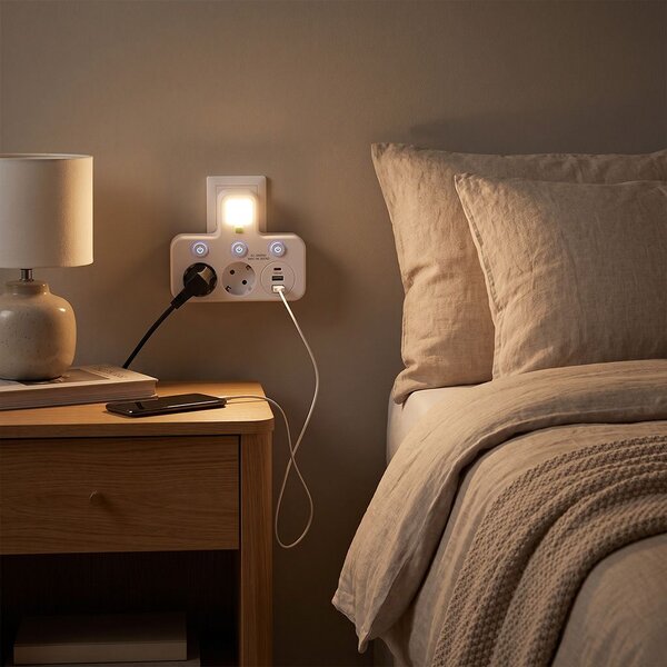 Toolight Toolight, JNH017, zásuvkový rozbočovač 2 zásuvky + 2× USB-A + USB-C s LED světlem, bílá, OSW-56309
