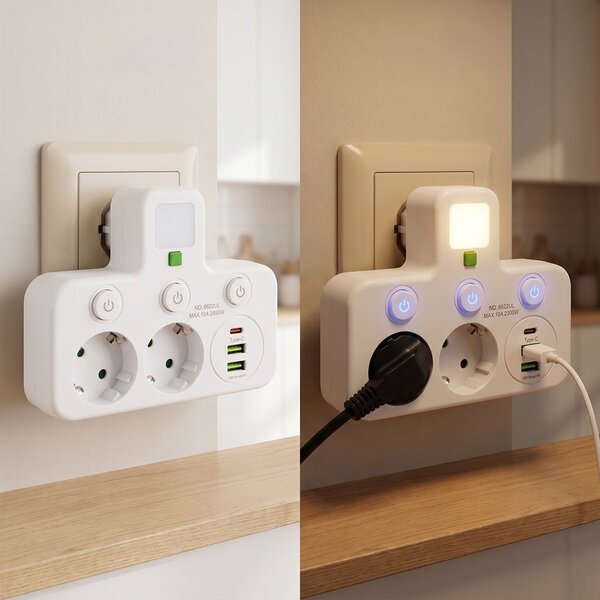 Toolight Toolight, JNH017, zásuvkový rozbočovač 2 zásuvky + 2× USB-A + USB-C s LED světlem, bílá, OSW-56309