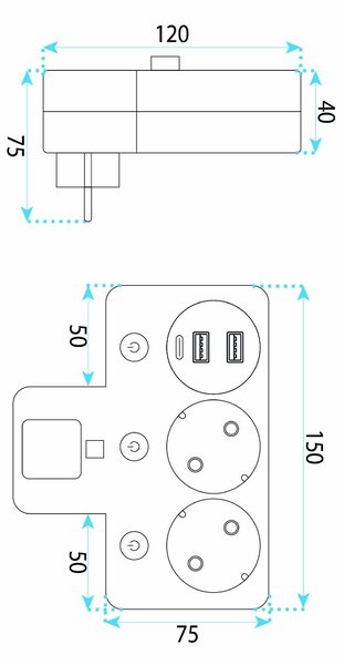 Toolight Toolight, JNH017, zásuvkový rozbočovač 2 zásuvky + 2× USB-A + USB-C s LED světlem, bílá, OSW-56309