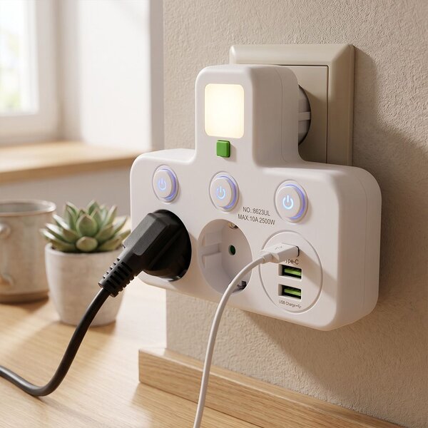 Toolight Toolight, JNH017, zásuvkový rozbočovač 2 zásuvky + 2× USB-A + USB-C s LED světlem, bílá, OSW-56309